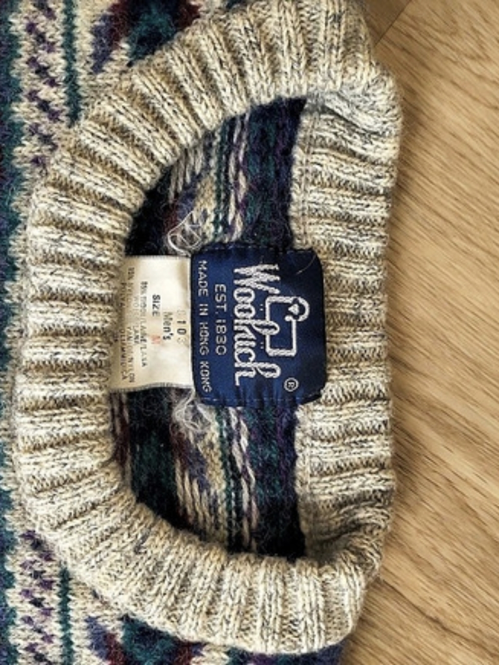 Vintage Woolrich Geometric Crewneck Sweater Blue & White Size Large - Picture 2 of 5